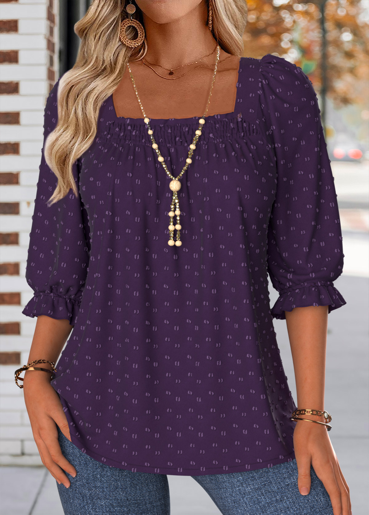 Smocked Purple Half Sleeve Square Neck Blouse