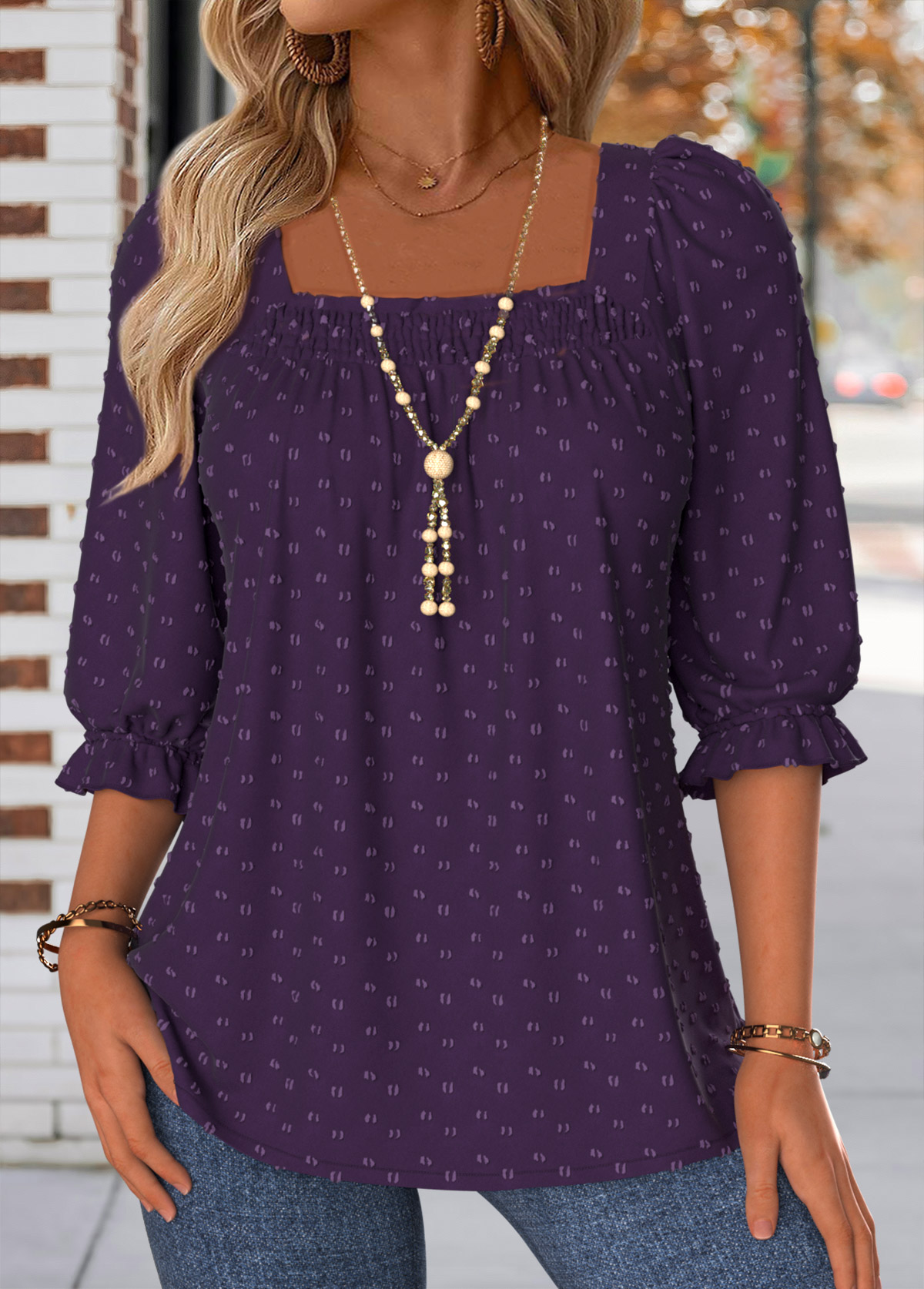 Smocked Purple Half Sleeve Square Neck Blouse