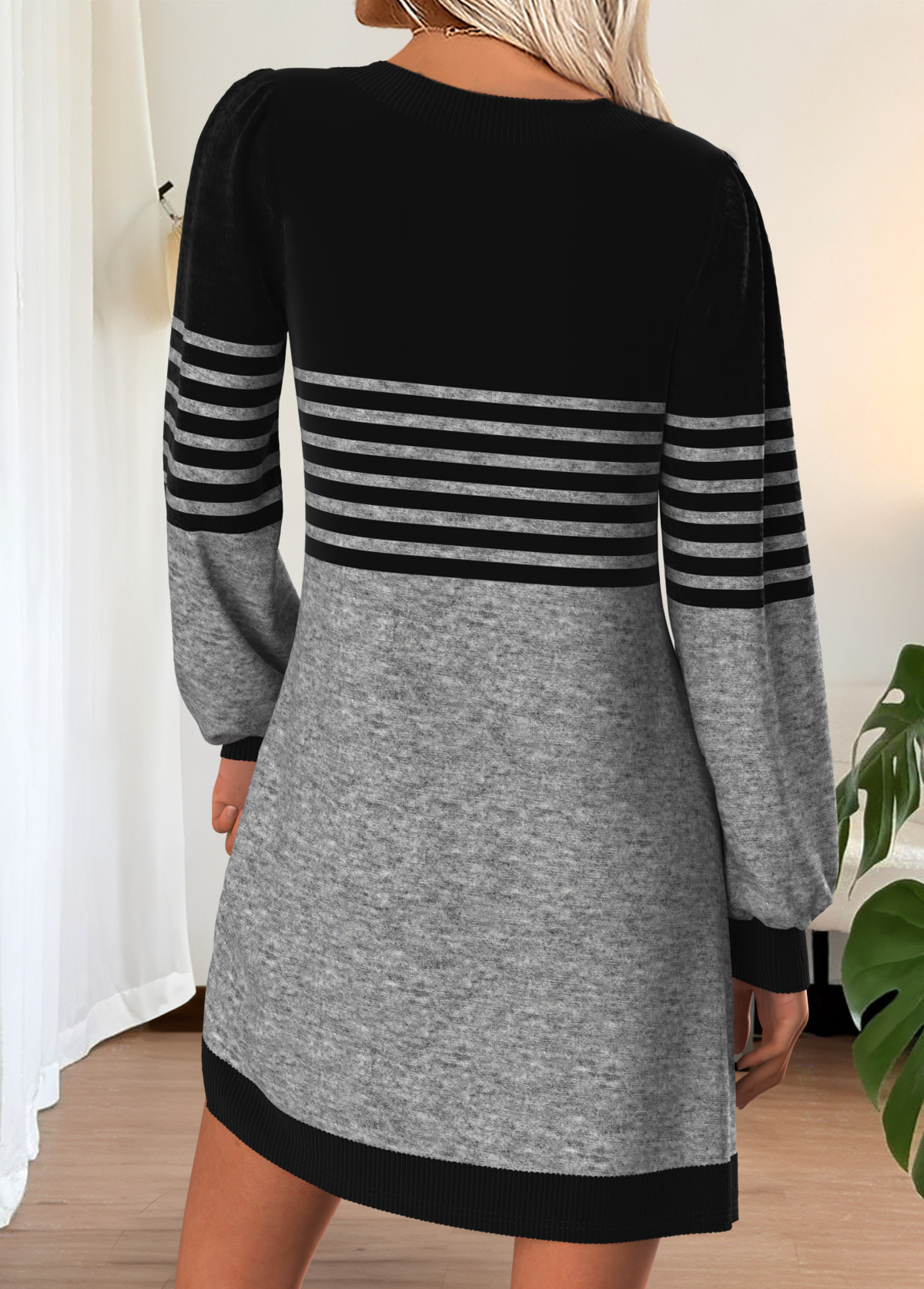 Striped Tummy Coverage Grey Short Long Sleeve Dress