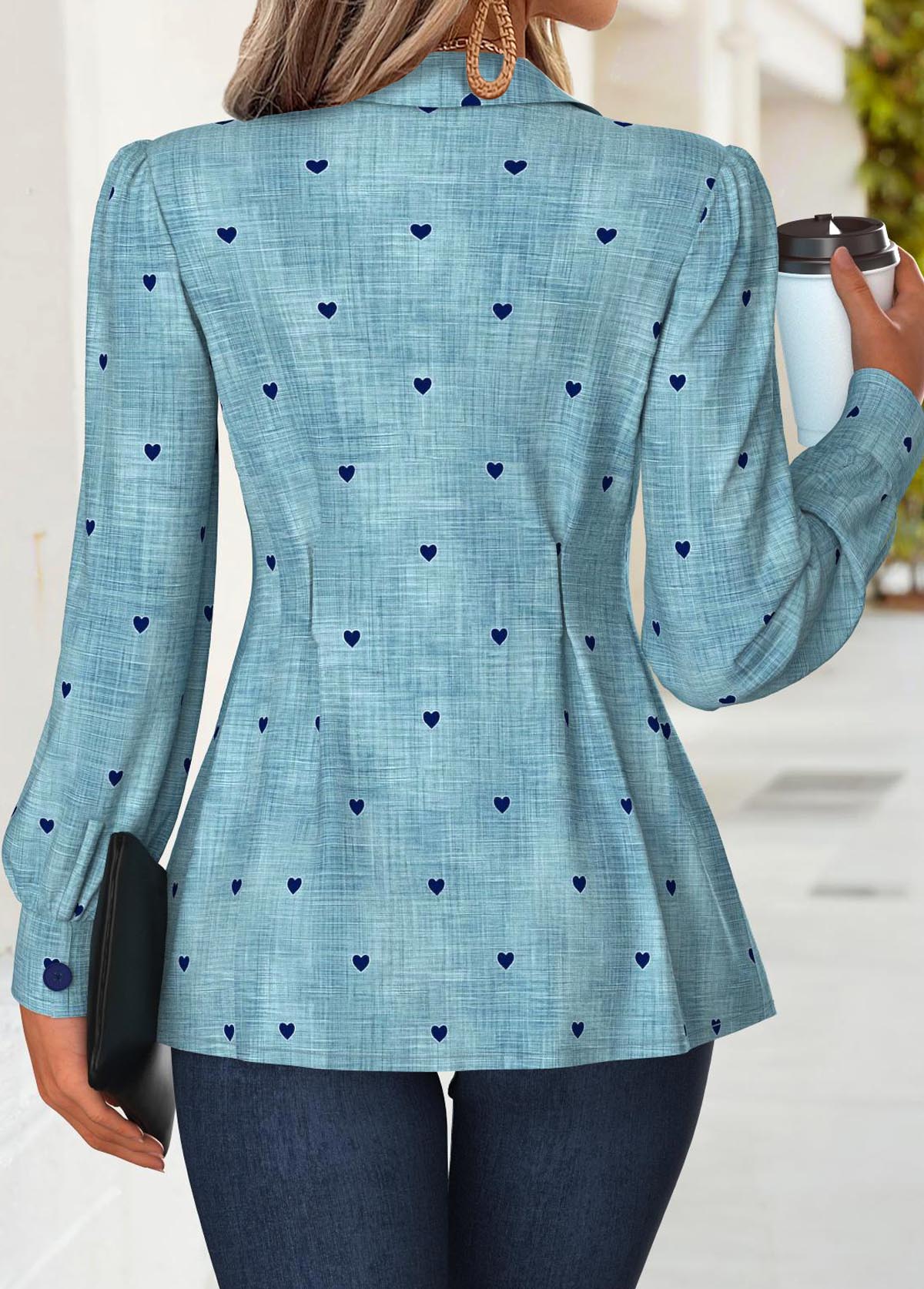 Denim-effect Print Peplum Denim Blue Long Sleeve Shirt