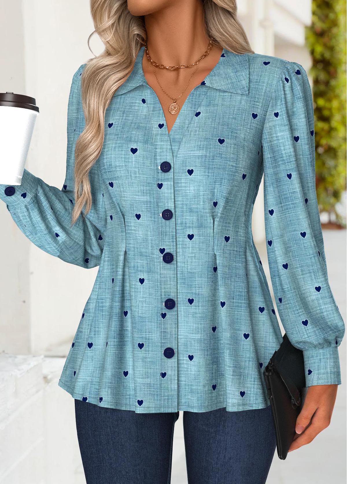 Denim-effect Print Peplum Denim Blue Long Sleeve Shirt