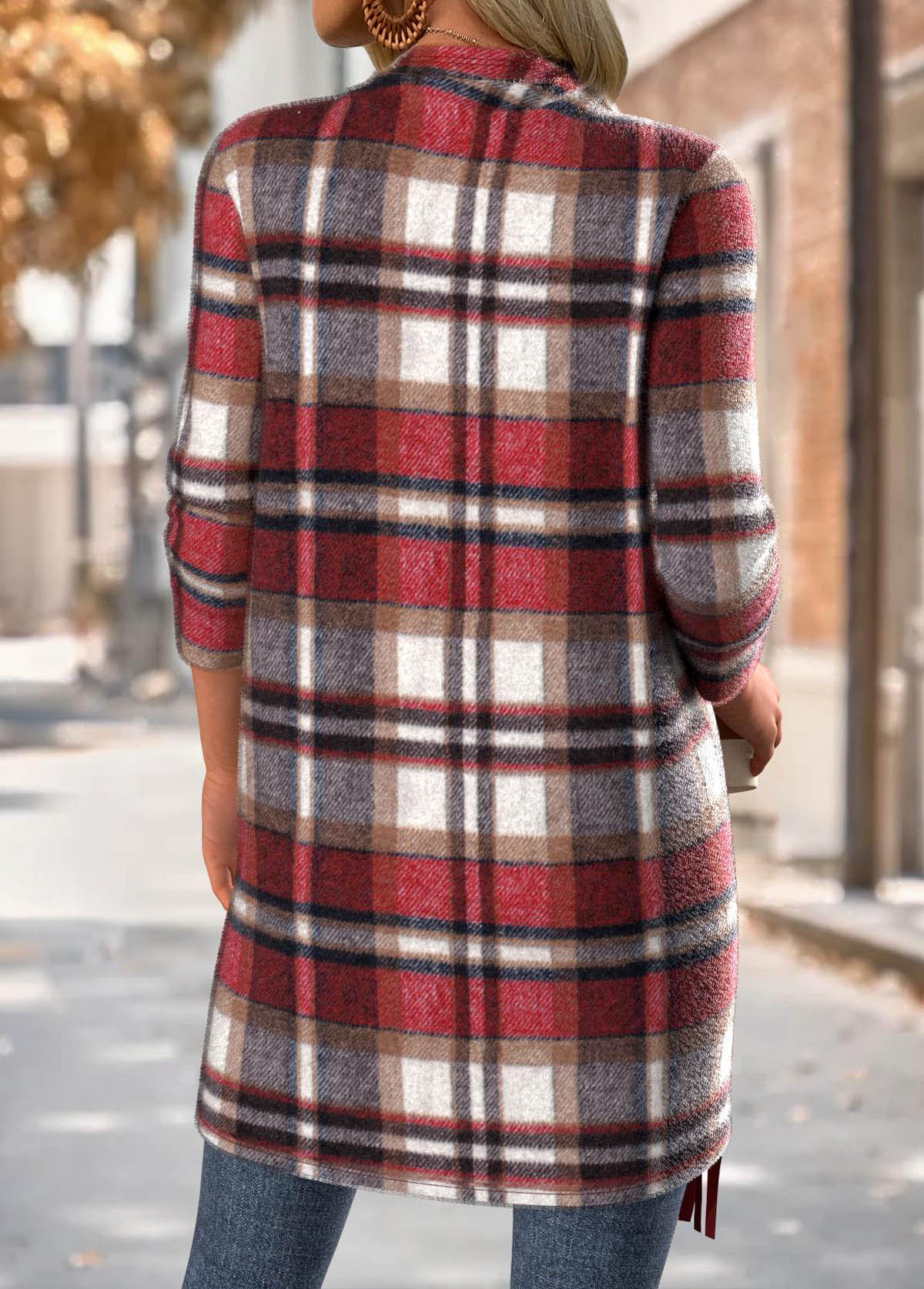 Plaid Tummy Coverage Red Long Sleeve Draped Neck Coat
