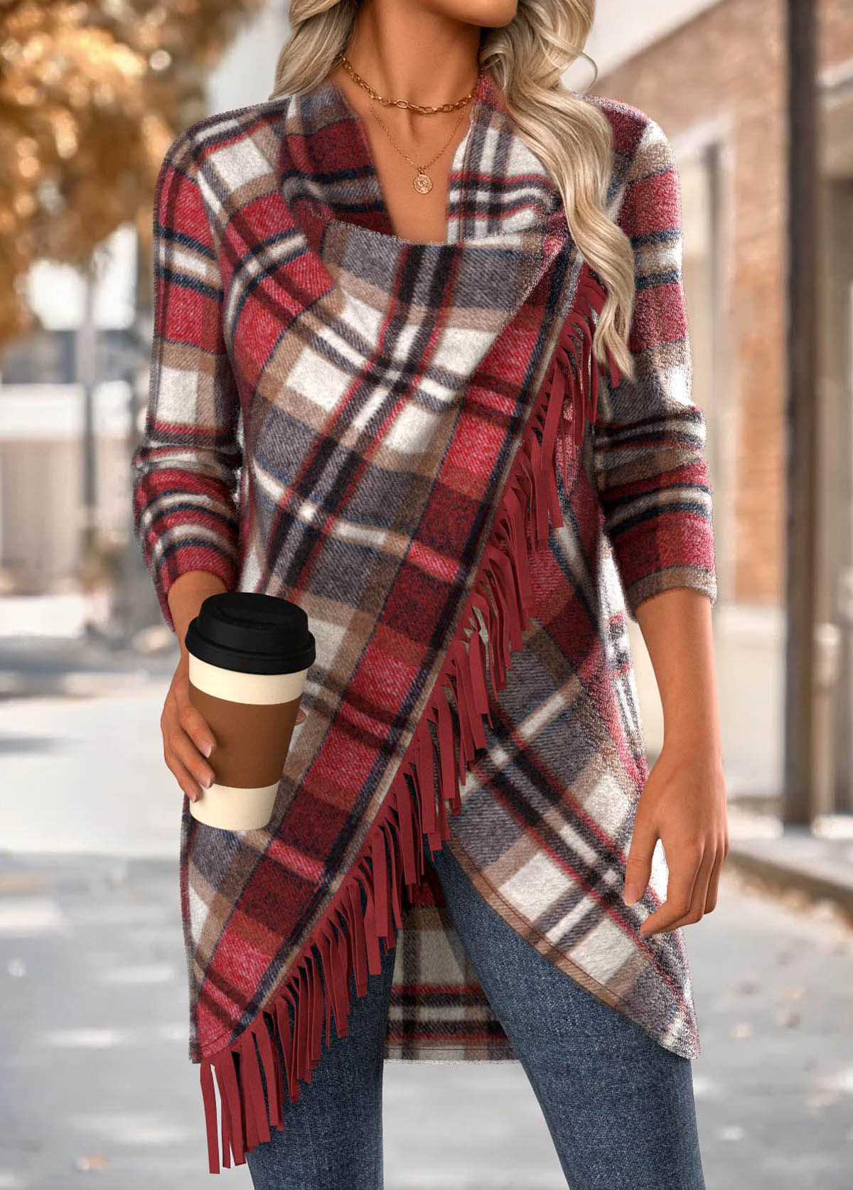 Plaid Tummy Coverage Red Long Sleeve Draped Neck Coat