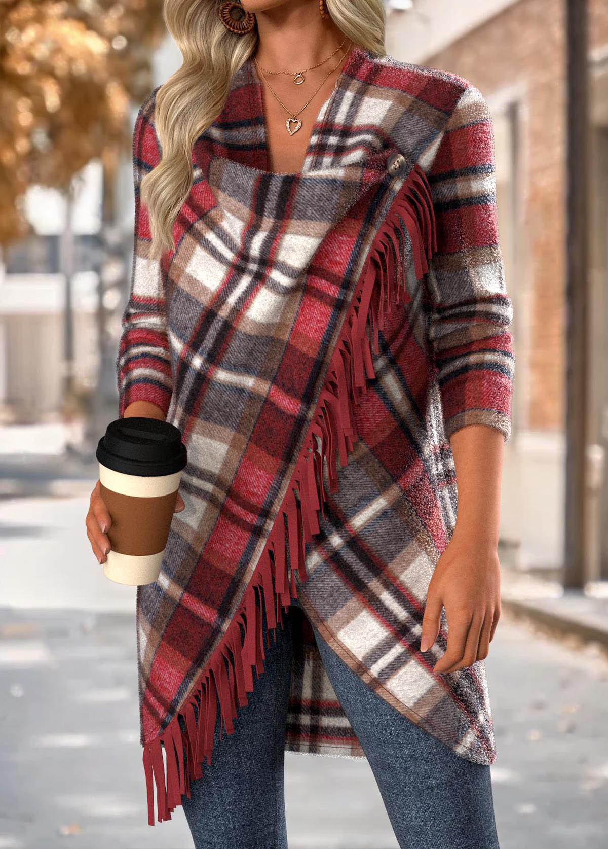 Plaid Tummy Coverage Red Long Sleeve Draped Neck Coat
