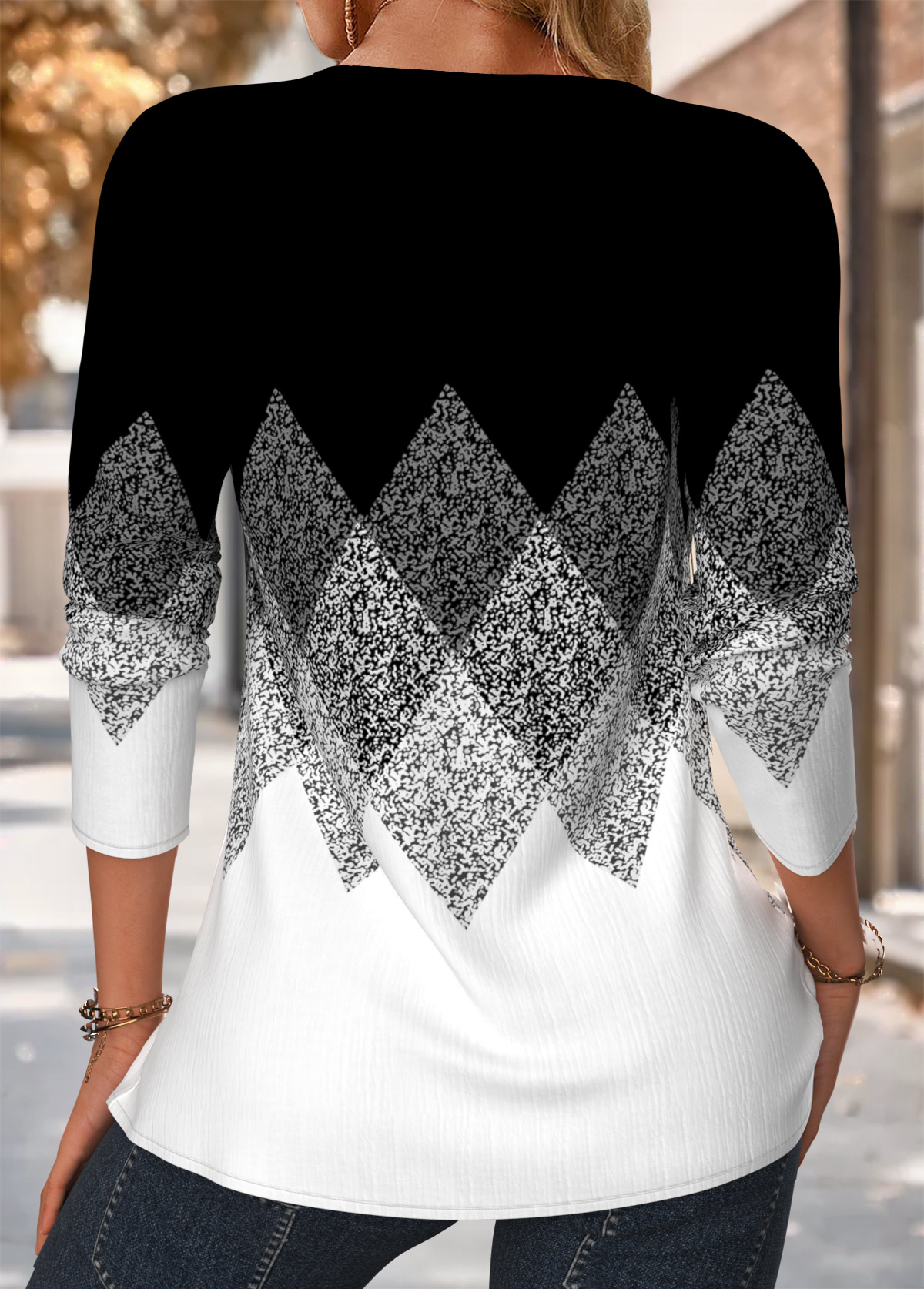 Geometric Print Tuck Stitch Black Long Sleeve Blouse