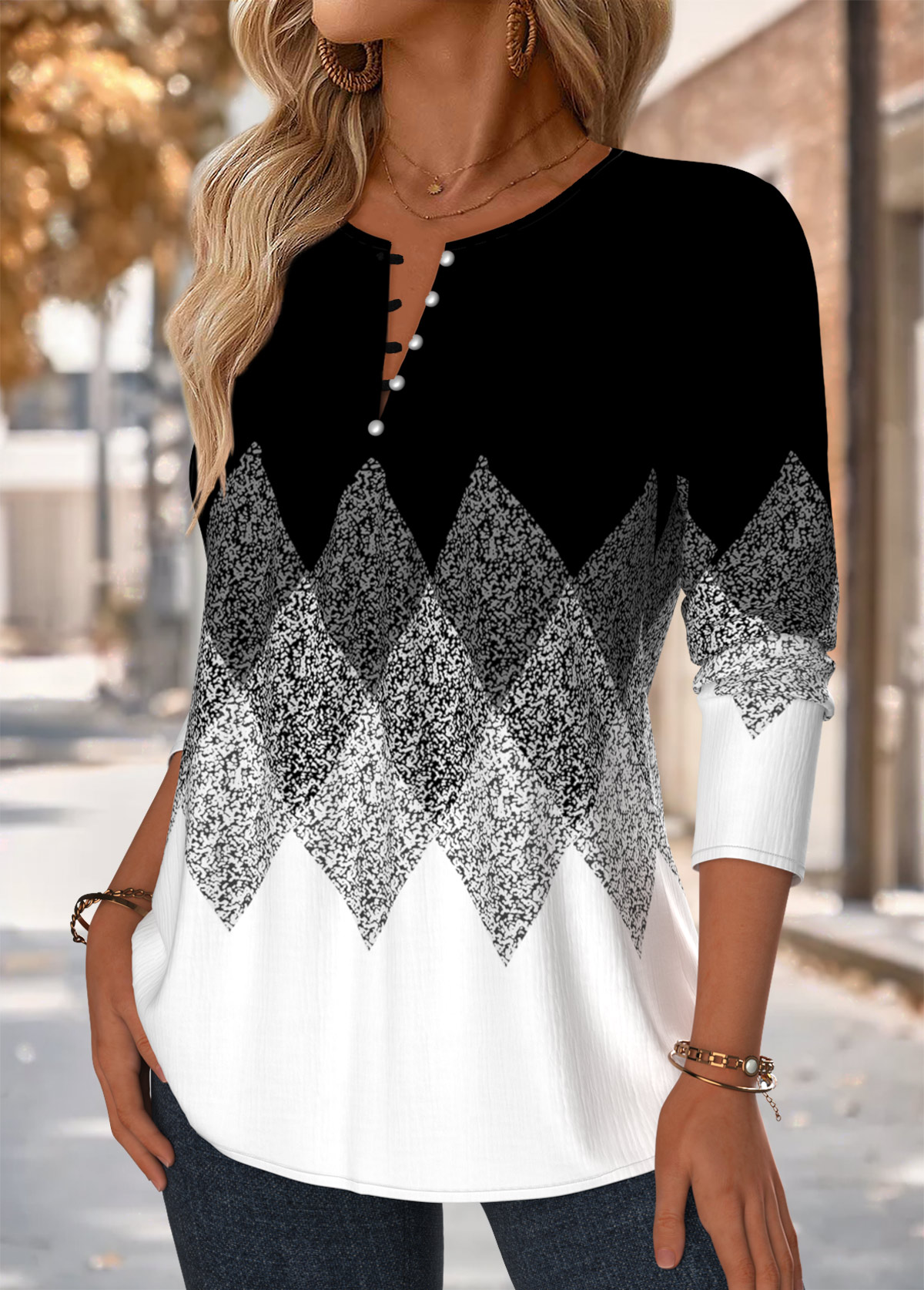 Geometric Print Tuck Stitch Black Long Sleeve Blouse