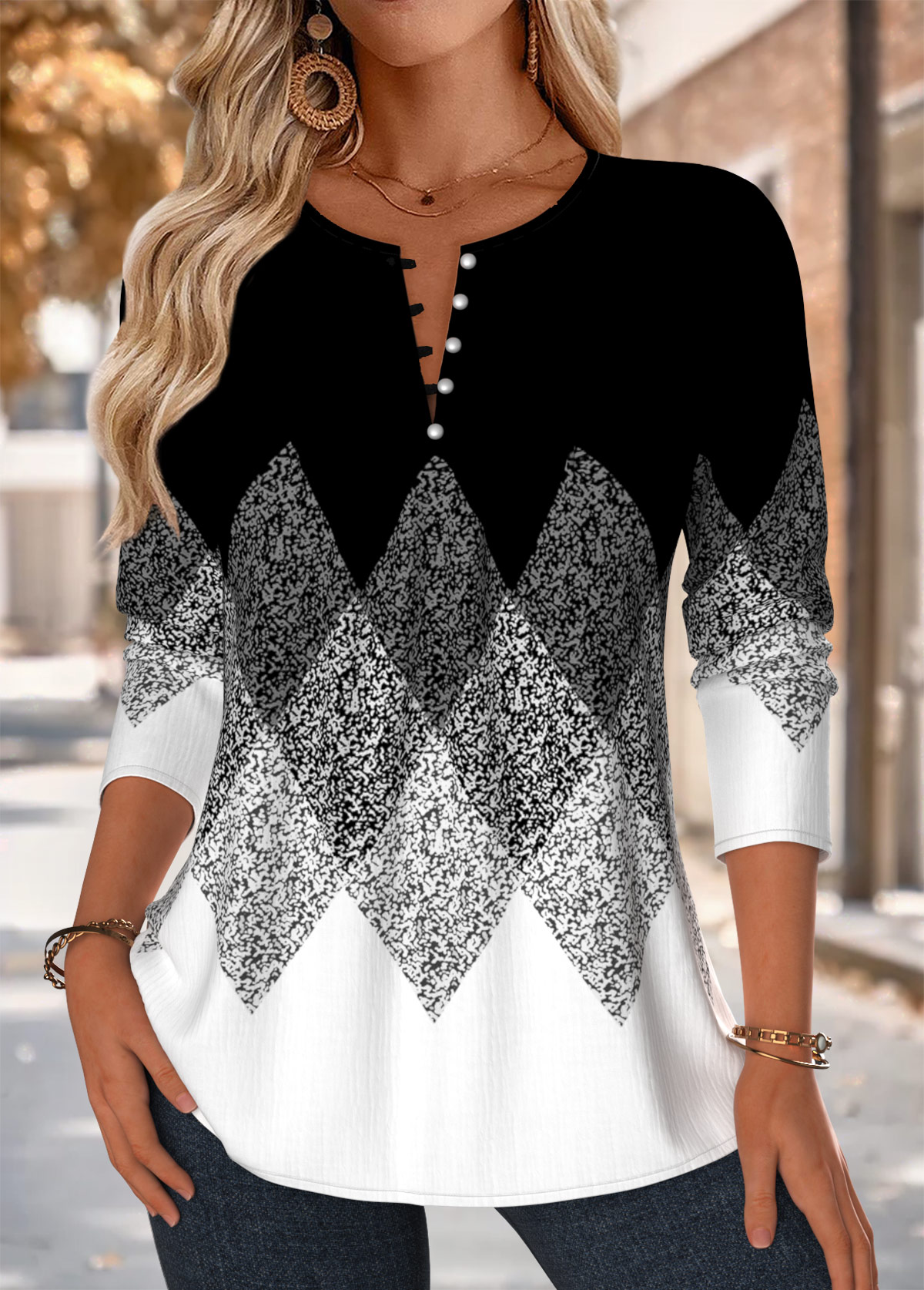 Geometric Print Tuck Stitch Black Long Sleeve Blouse