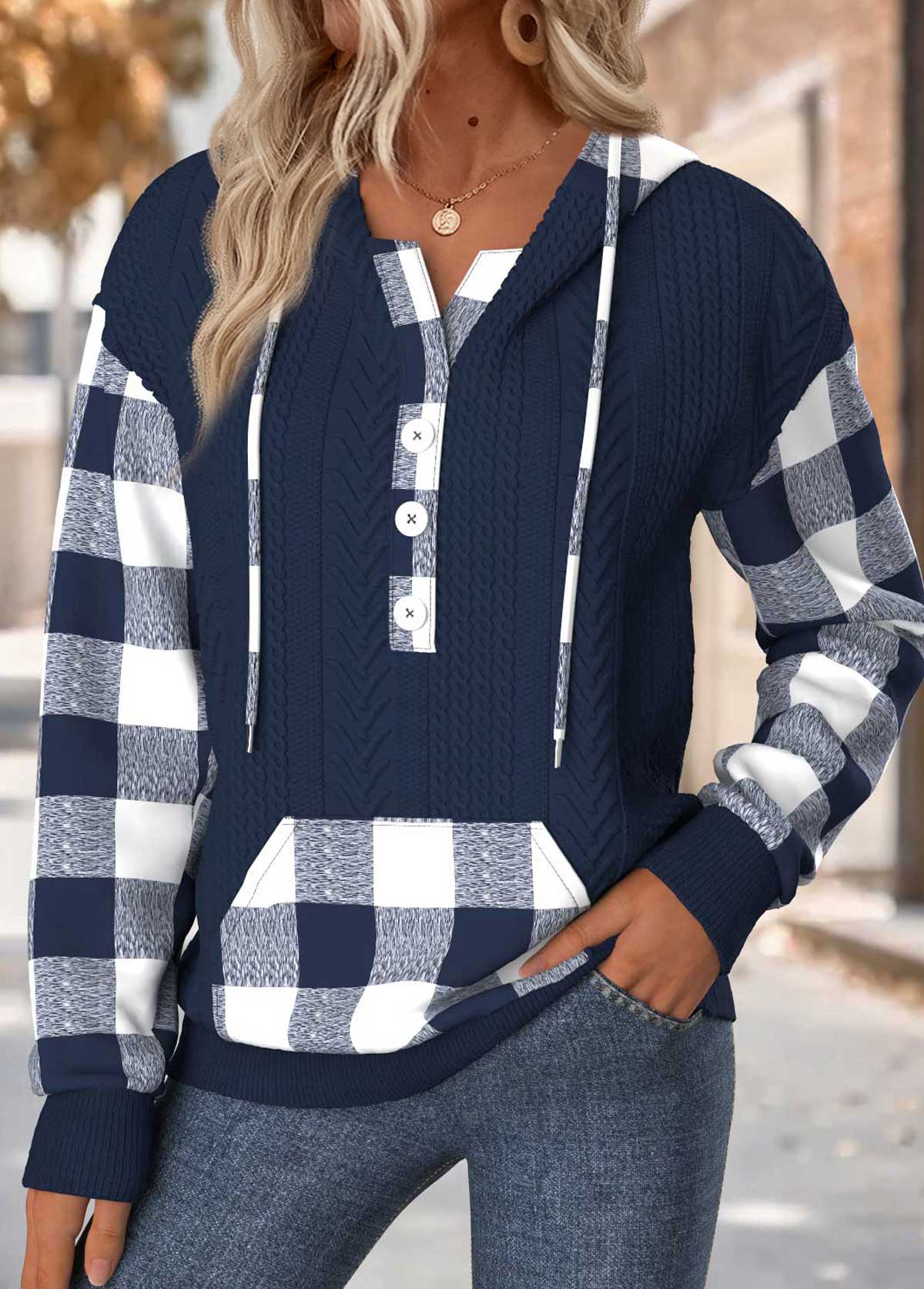 Plaid Tummy Coverage Navy Long Sleeve Hoodie