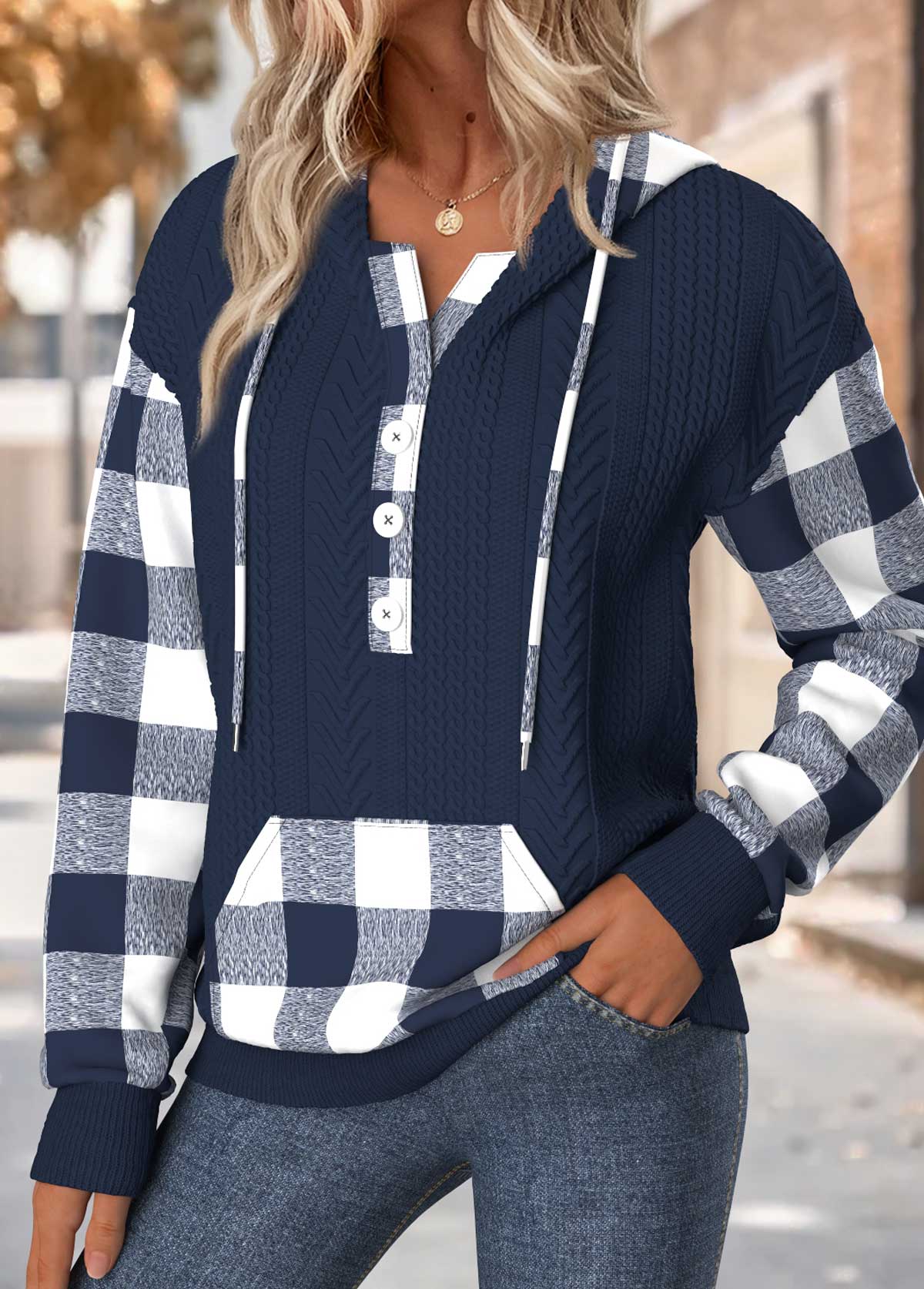 Plaid Tummy Coverage Navy Long Sleeve Hoodie