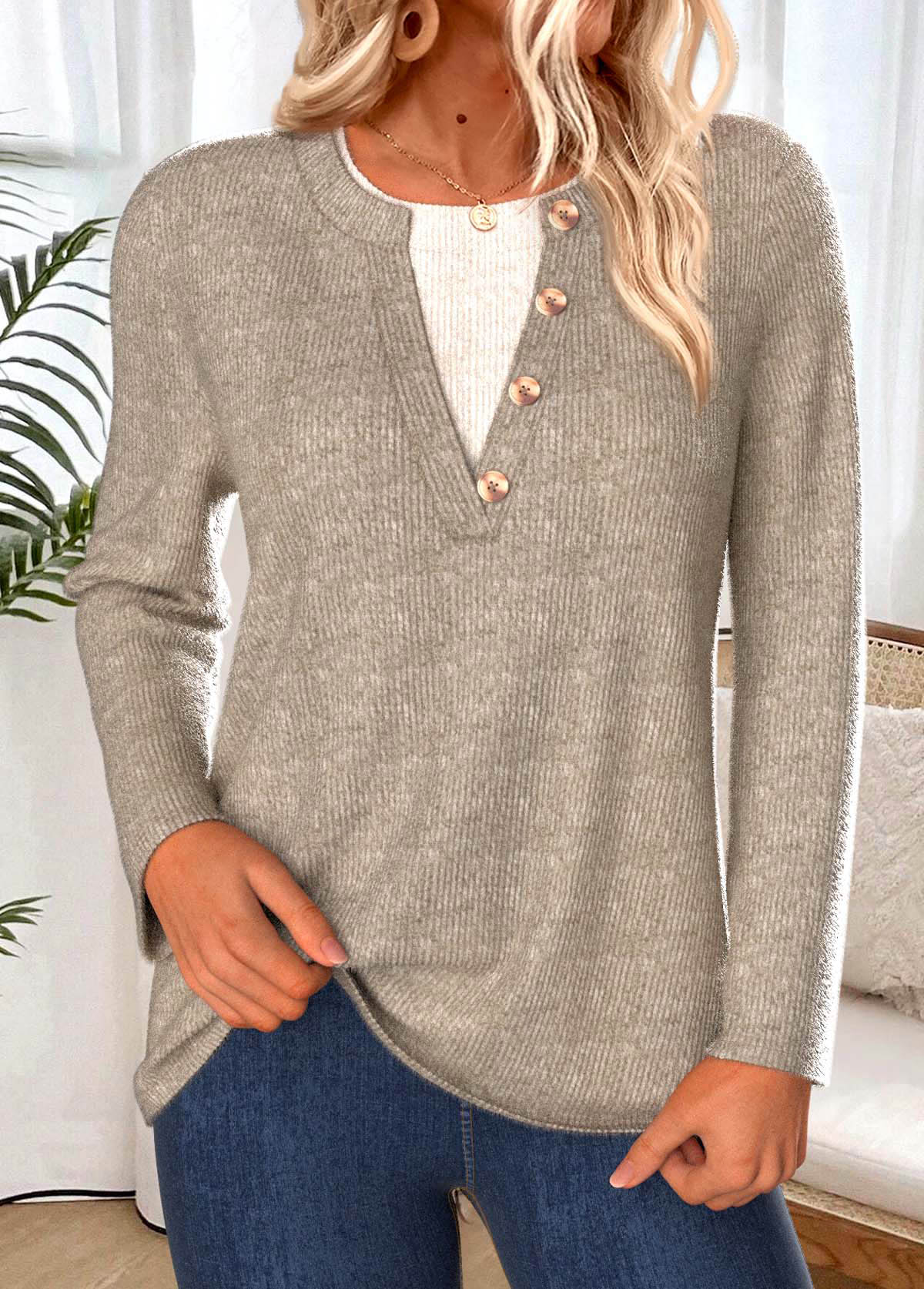 Tummy Coverage Gray Brown Long Sleeve T Shirt