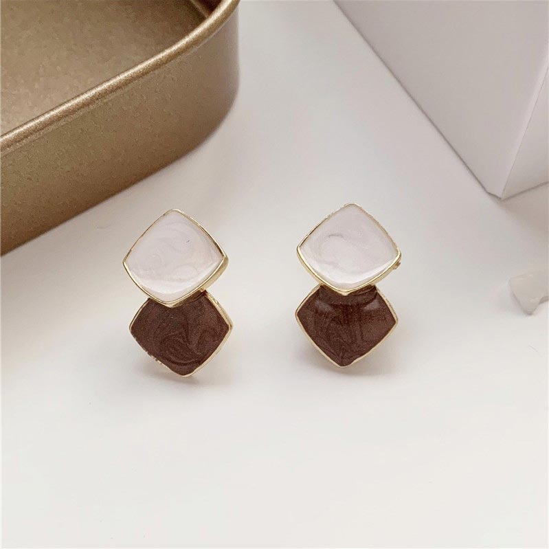 Dark Coffee Square Alloy Detail Earrings