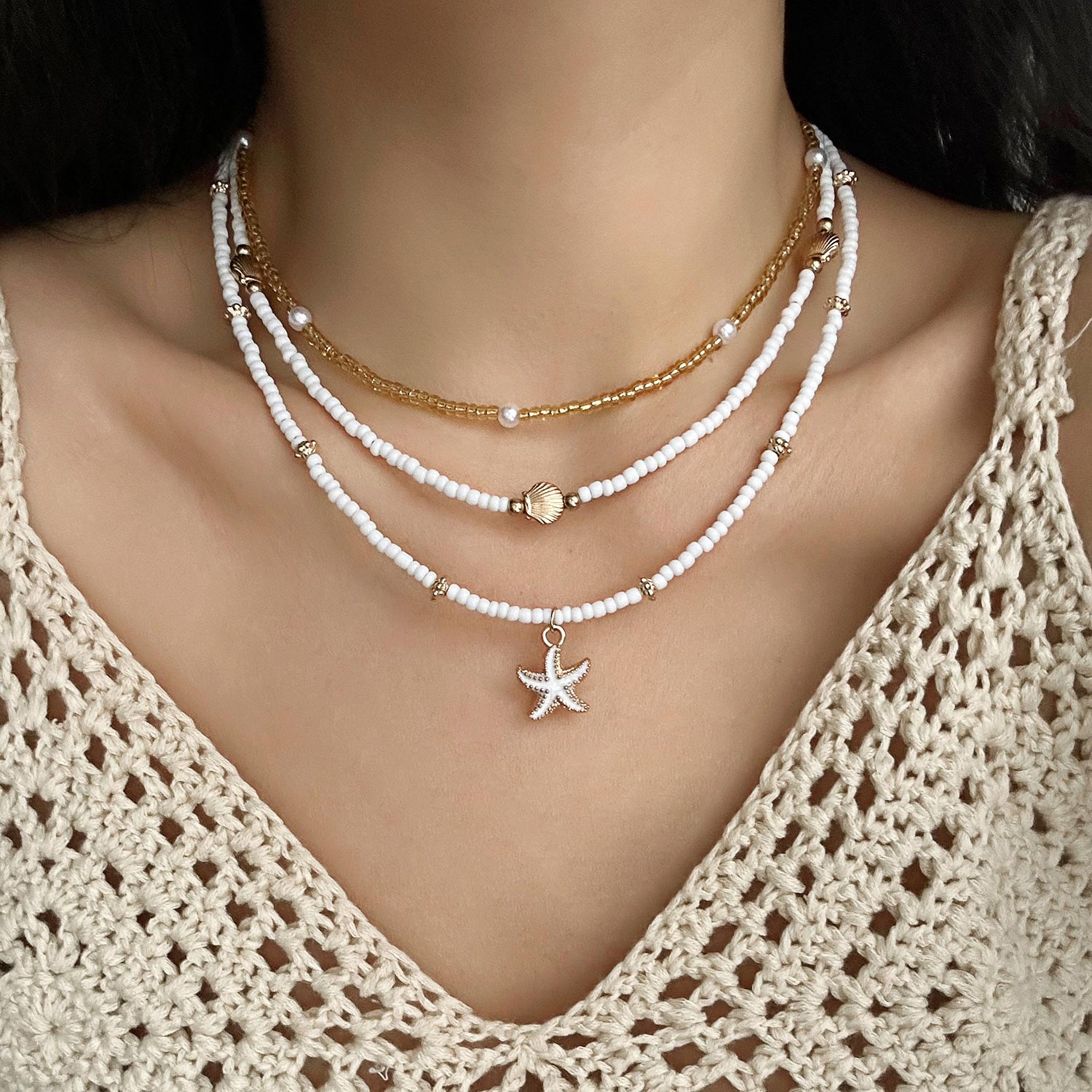White Alloy Starfish Shell Necklace Set