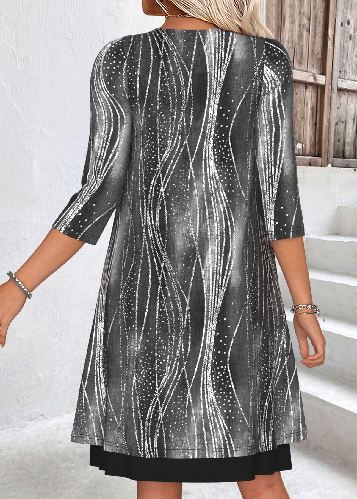 Geometric Print Tummy Coverage Black Dress and Cardigan