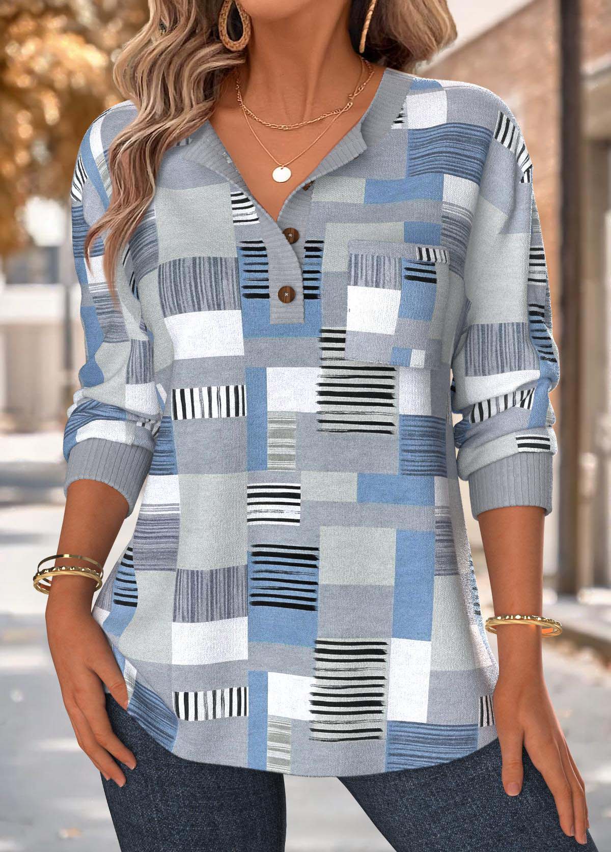 Geometric Print Tummy Coverage Dusty Blue Long Sleeve Sweatshirt