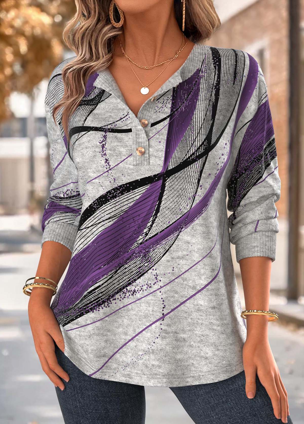 Geometric Print Tummy Coverage Purple Long Sleeve Sweatshirt