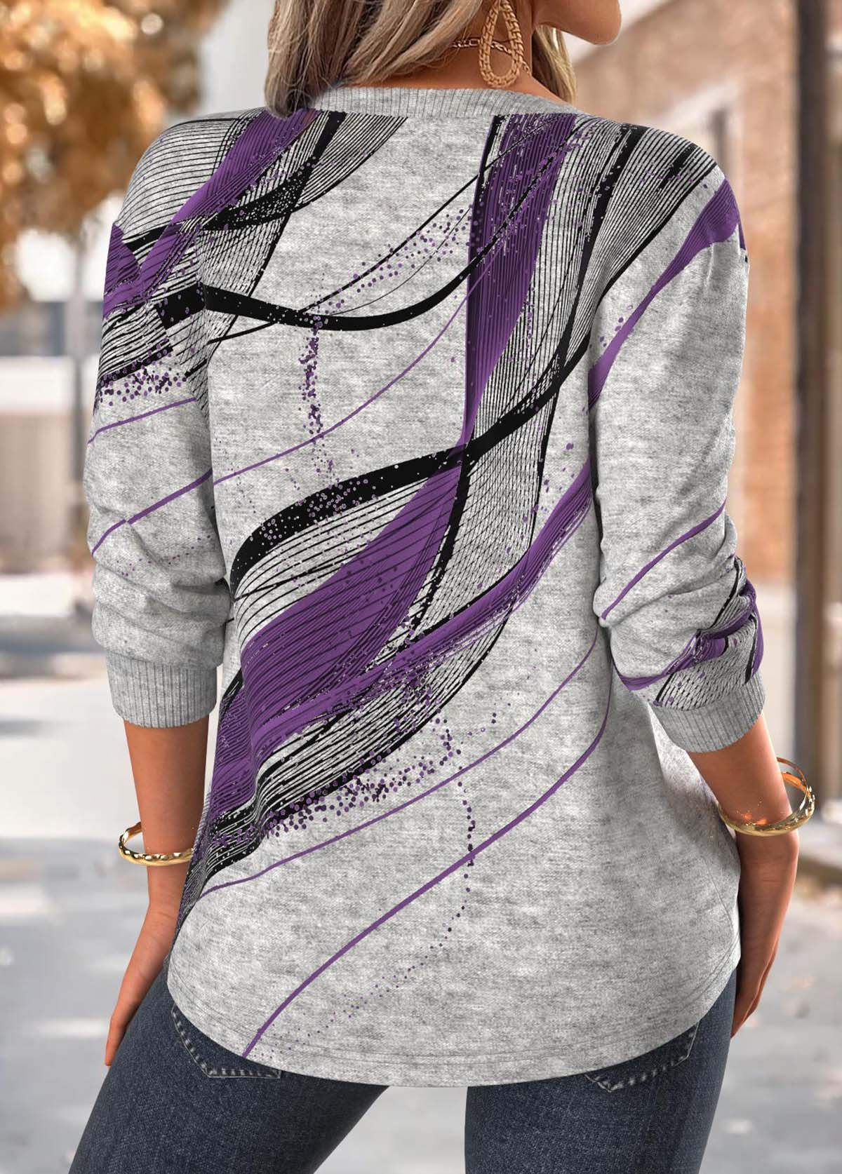 Geometric Print Tummy Coverage Purple Long Sleeve Sweatshirt