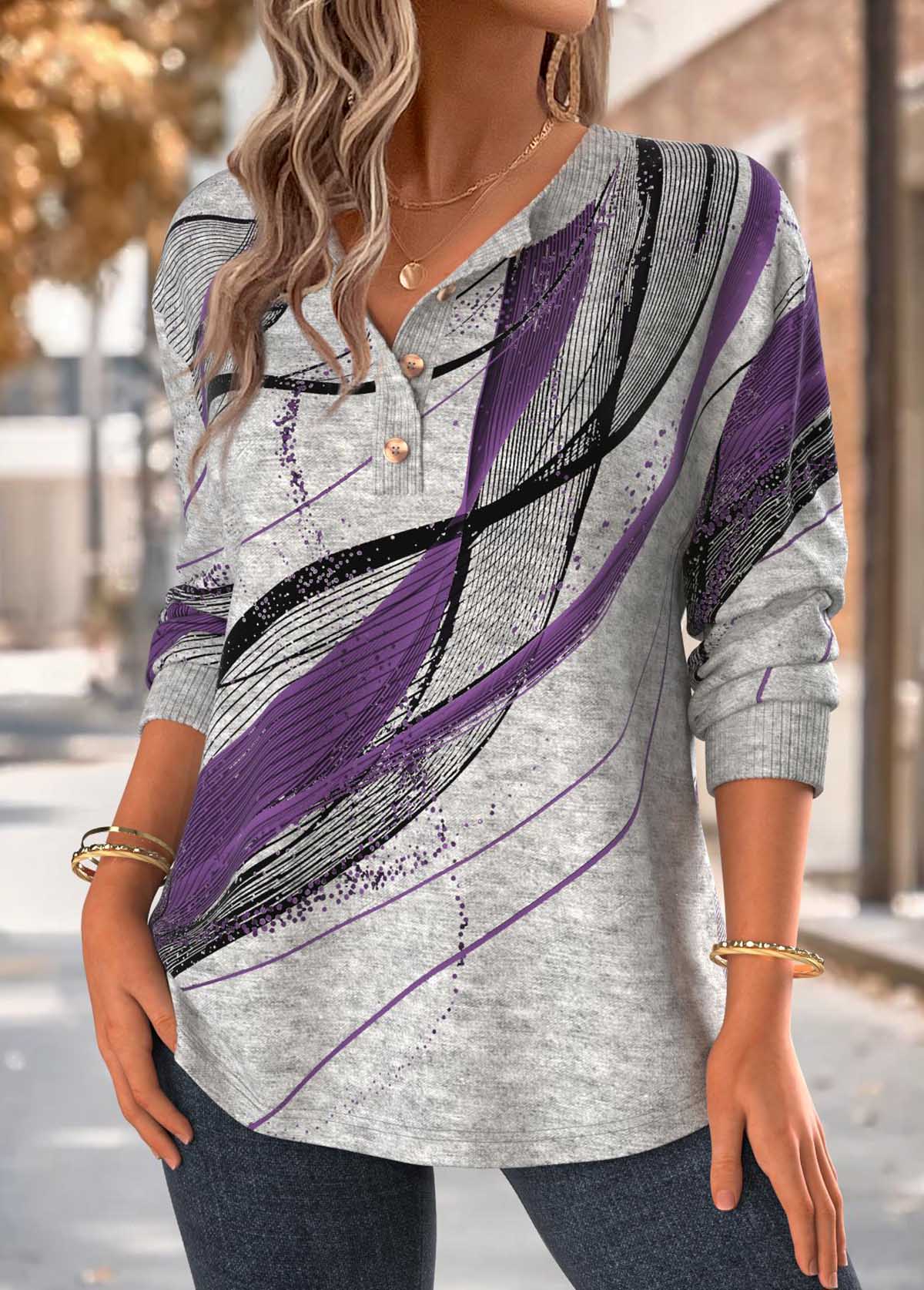 Geometric Print Tummy Coverage Purple Long Sleeve Sweatshirt