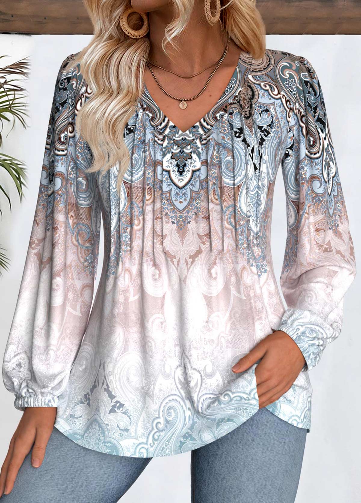 Tribal Print Tummy Coverage Multi Color Long Sleeve Blouse