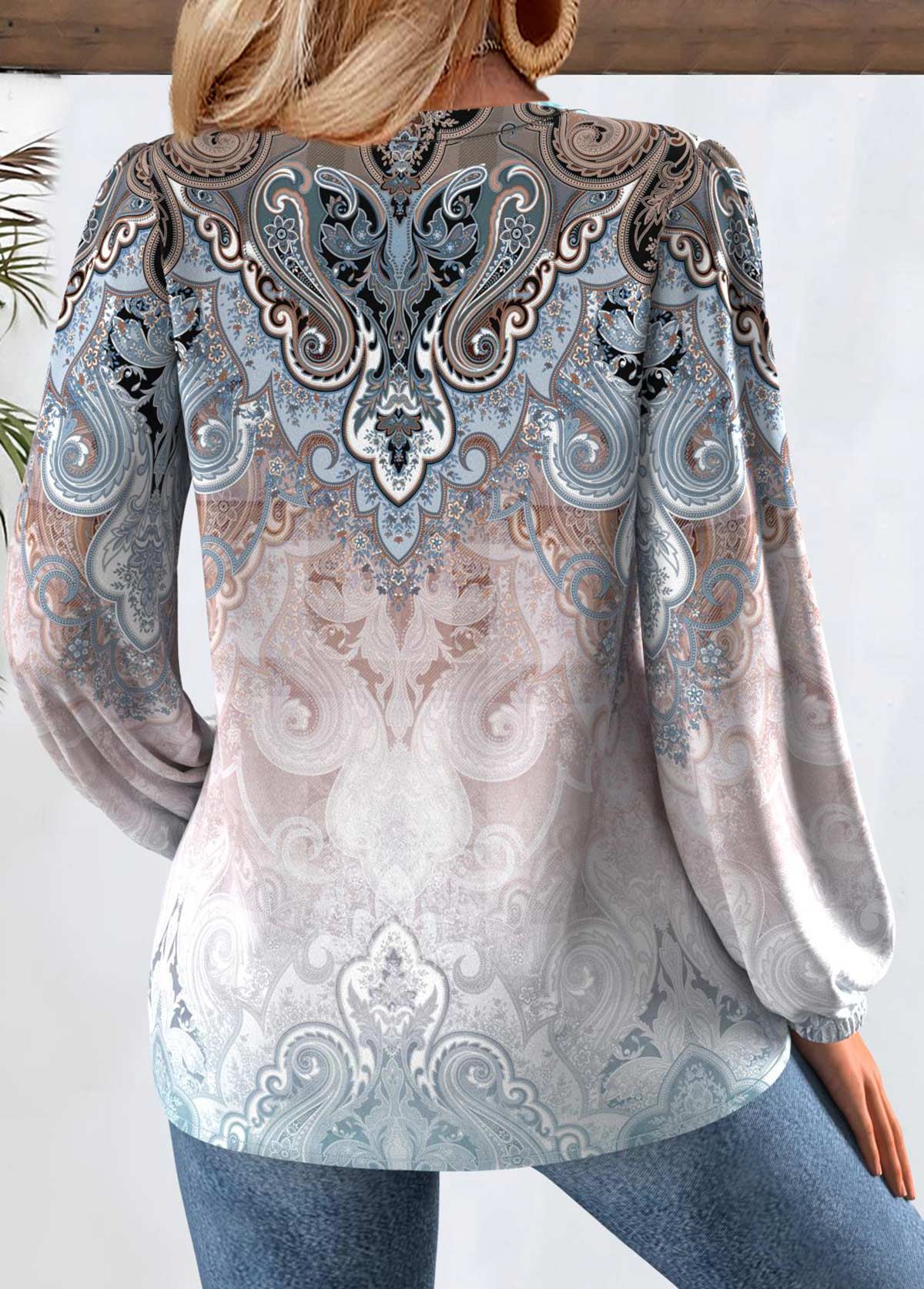 Tribal Print Tummy Coverage Multi Color Long Sleeve Blouse