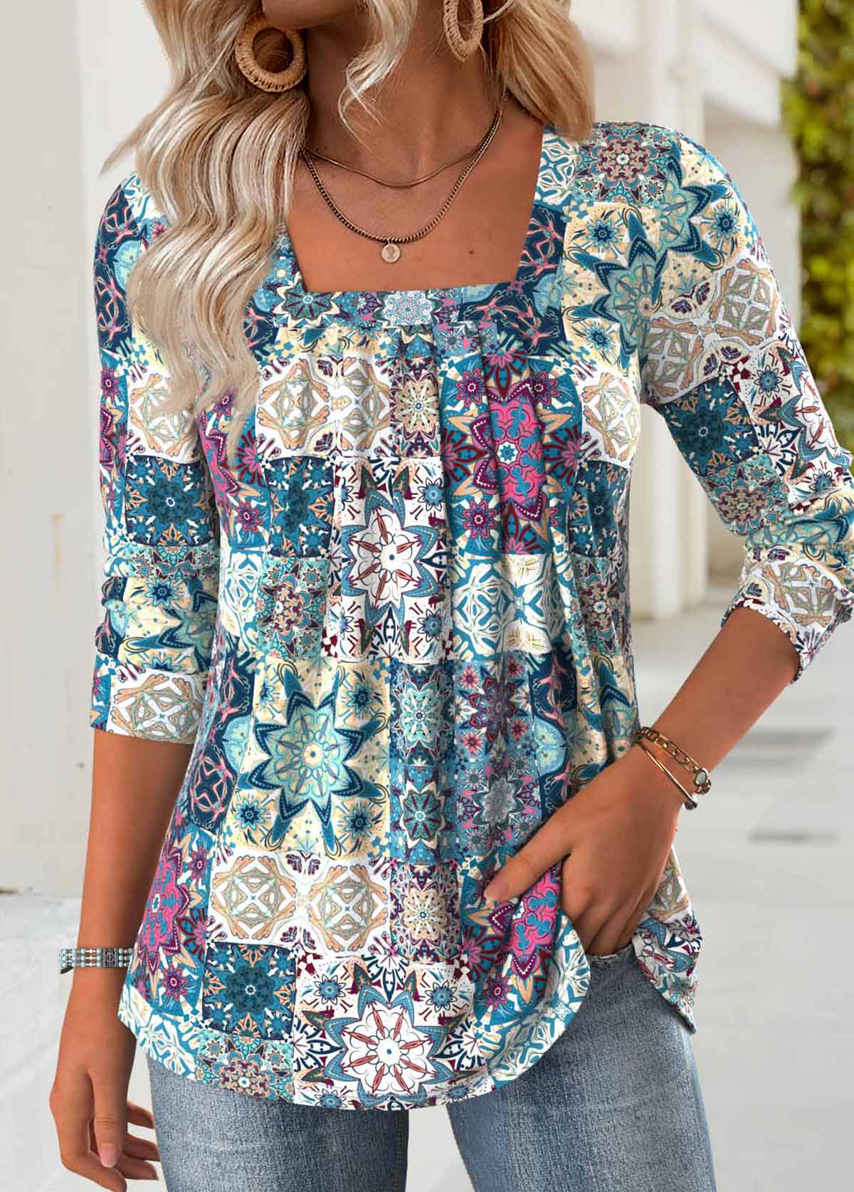 Tribal Print Tummy Coverage Multi Color T Shirt