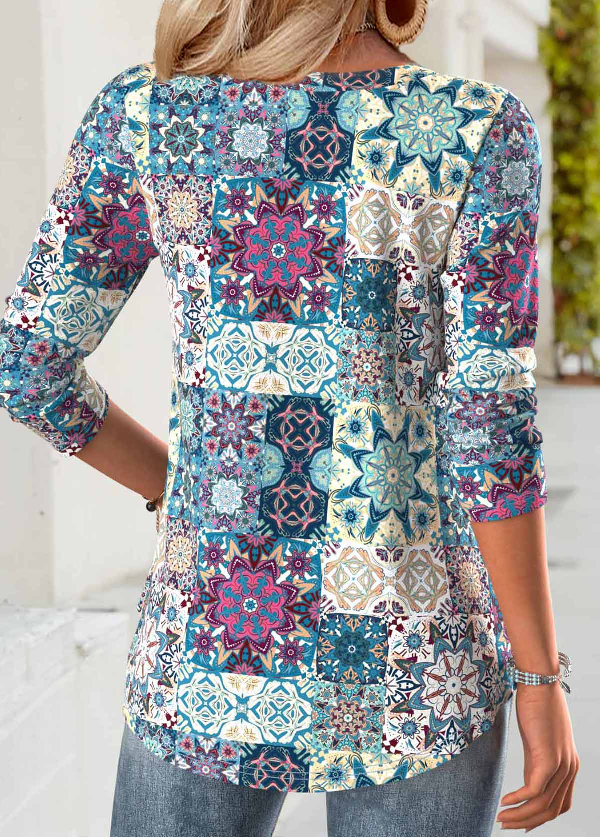 Tribal Print Tummy Coverage Multi Color T Shirt