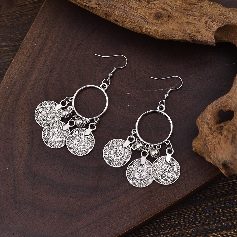 Silver Alloy Coin Tassel Round Earrings