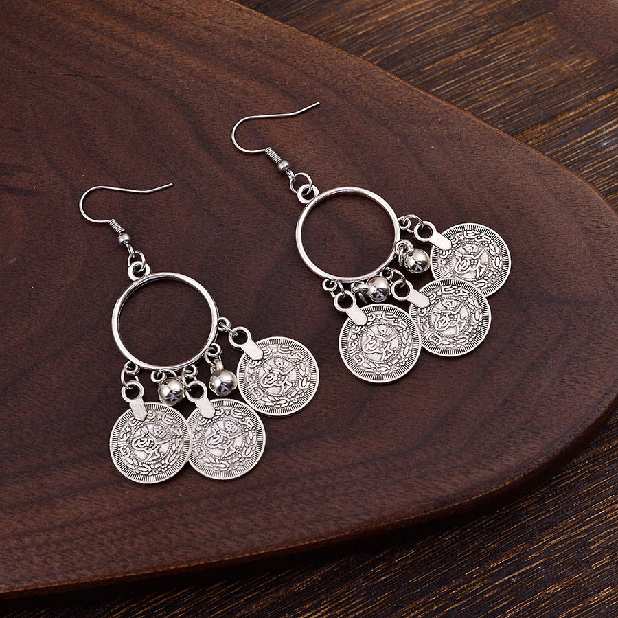 Silver Alloy Coin Tassel Round Earrings