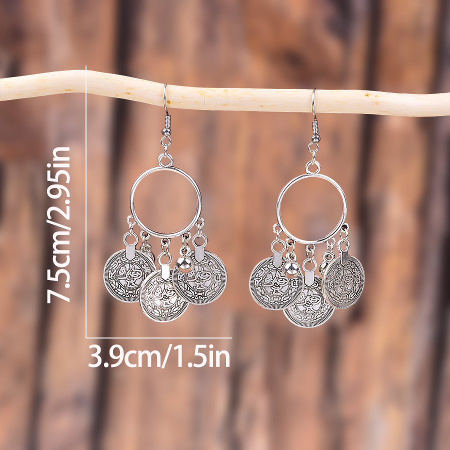 Silver Alloy Coin Tassel Round Earrings