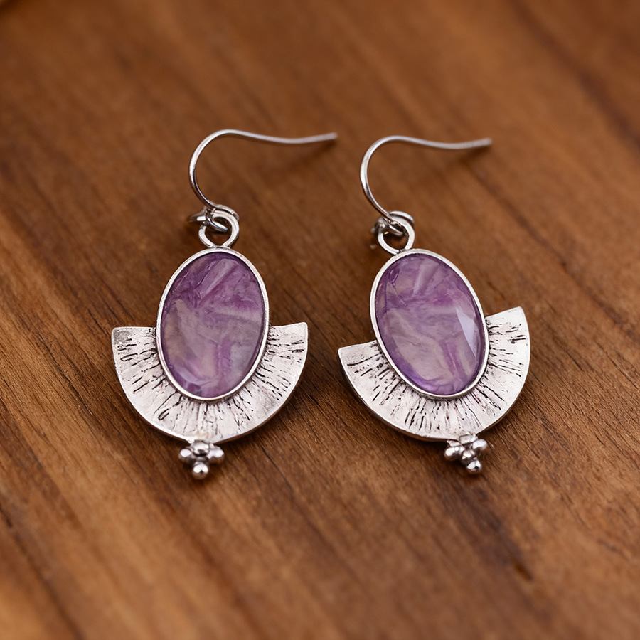 Violet Oval Marble Fan-shaped Alloy Earrings