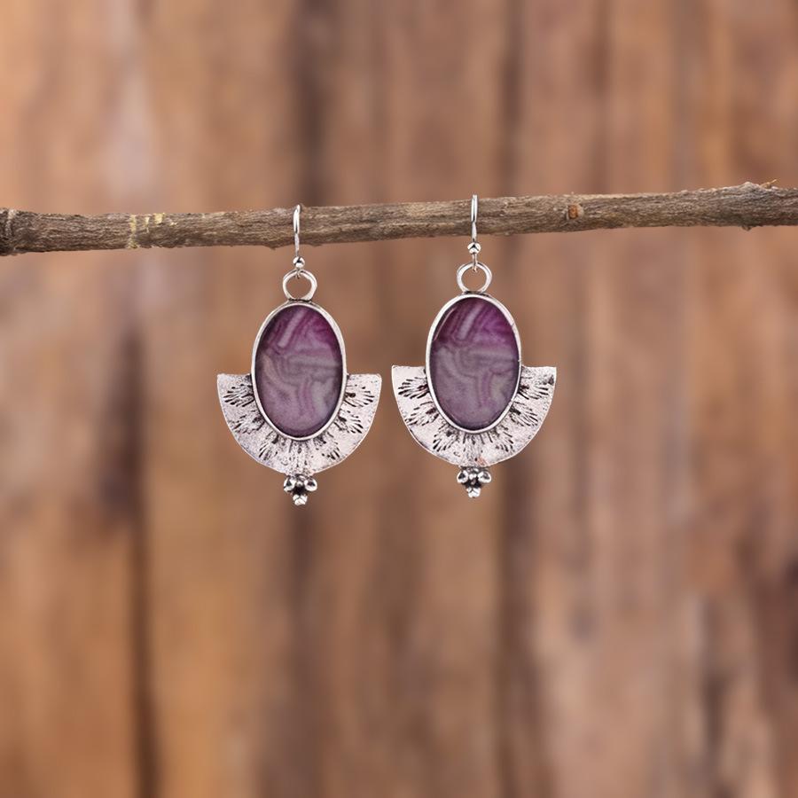 Violet Oval Marble Fan-shaped Alloy Earrings