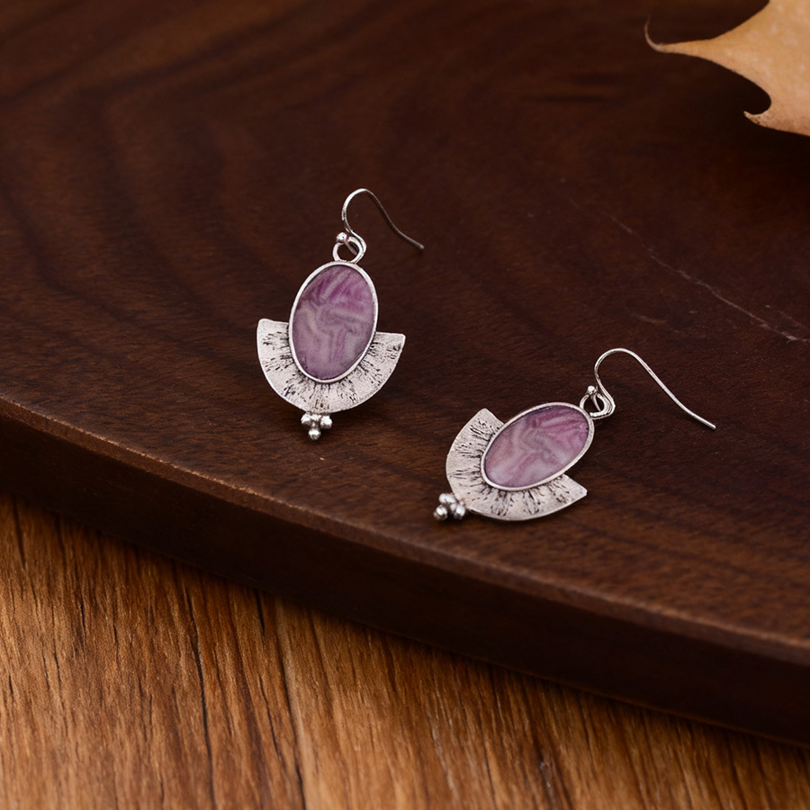 Violet Oval Marble Fan-shaped Alloy Earrings