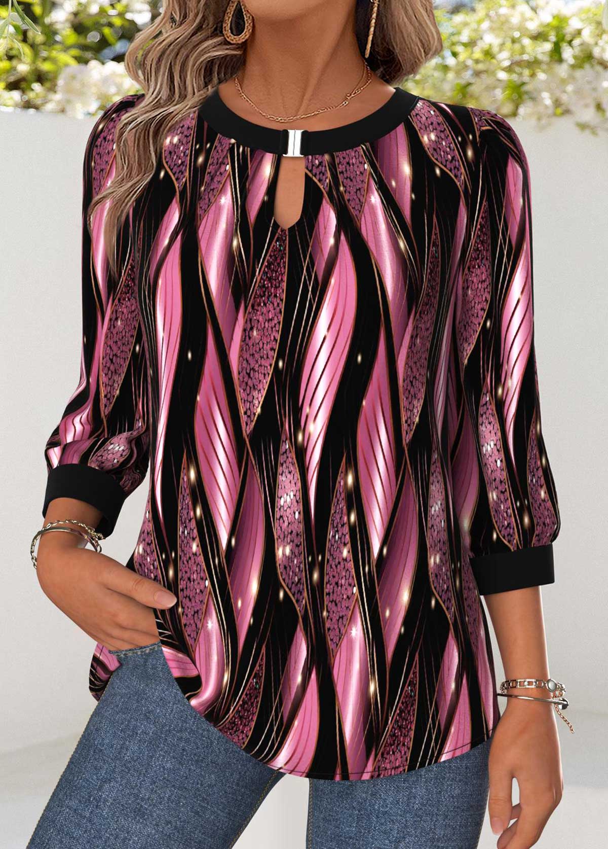 Geometric Print Tummy Coverage Pink 3/4 Sleeve Blouse