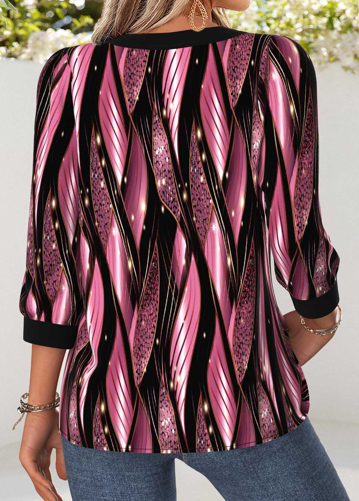 Geometric Print Tummy Coverage Pink 3/4 Sleeve Blouse