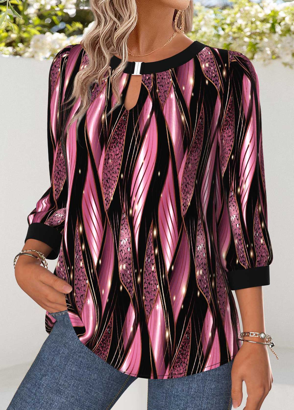 Geometric Print Tummy Coverage Pink 3/4 Sleeve Blouse