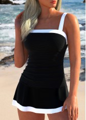 Patchwork Contrast Binding Black Tankini Set