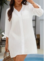 Tie Button Beige Turn Down Collar Cover Up