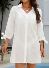 Tie Button Beige Turn Down Collar Cover Up