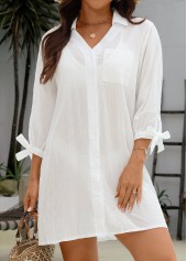 Tie Button Beige Turn Down Collar Cover Up