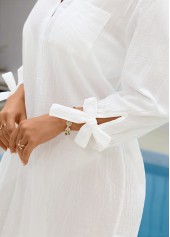 Tie Button Beige Turn Down Collar Cover Up