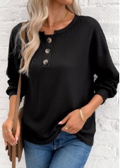 Tummy Coverage Black Long Sleeve Round Neck Sweatshirt