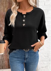 Tummy Coverage Black Long Sleeve Round Neck Sweatshirt