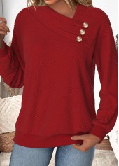 Button Wine Red Long Sleeve Asymmetrical Neck Sweatshirt