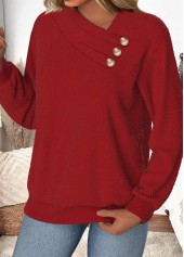 Button Wine Red Long Sleeve Asymmetrical Neck Sweatshirt