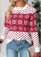 Christmas Snowflake Print Tummy Coverage Wine Red Sweater