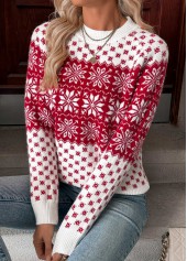 Christmas Snowflake Print Tummy Coverage Wine Red Sweater