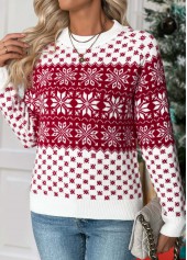 Christmas Snowflake Print Tummy Coverage Wine Red Sweater