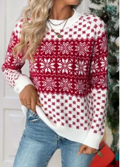 Christmas Snowflake Print Tummy Coverage Wine Red Sweater