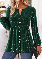 Polka Dot Peplum Green Long Sleeve Split Neck Blouse