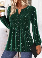 Polka Dot Peplum Green Long Sleeve Split Neck Blouse