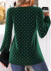 Polka Dot Peplum Green Long Sleeve Split Neck Blouse